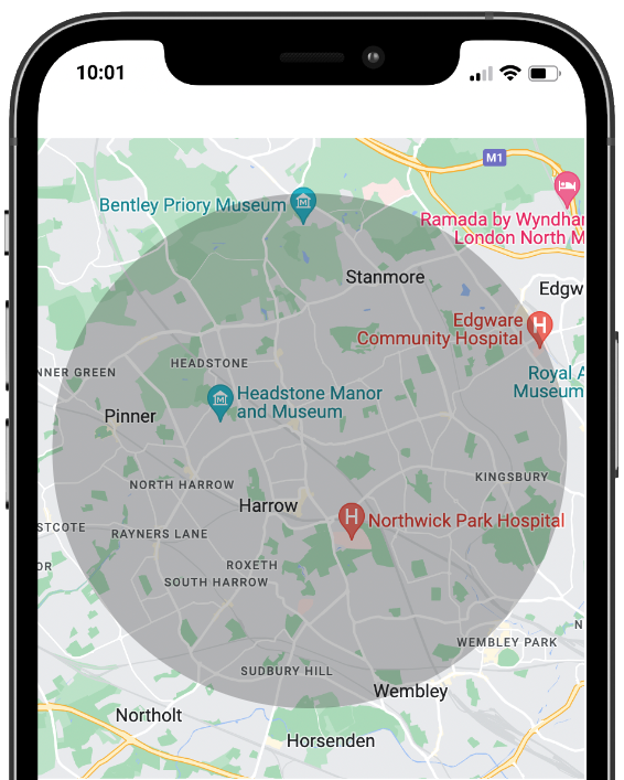 Porximity radius of an location shown on a map